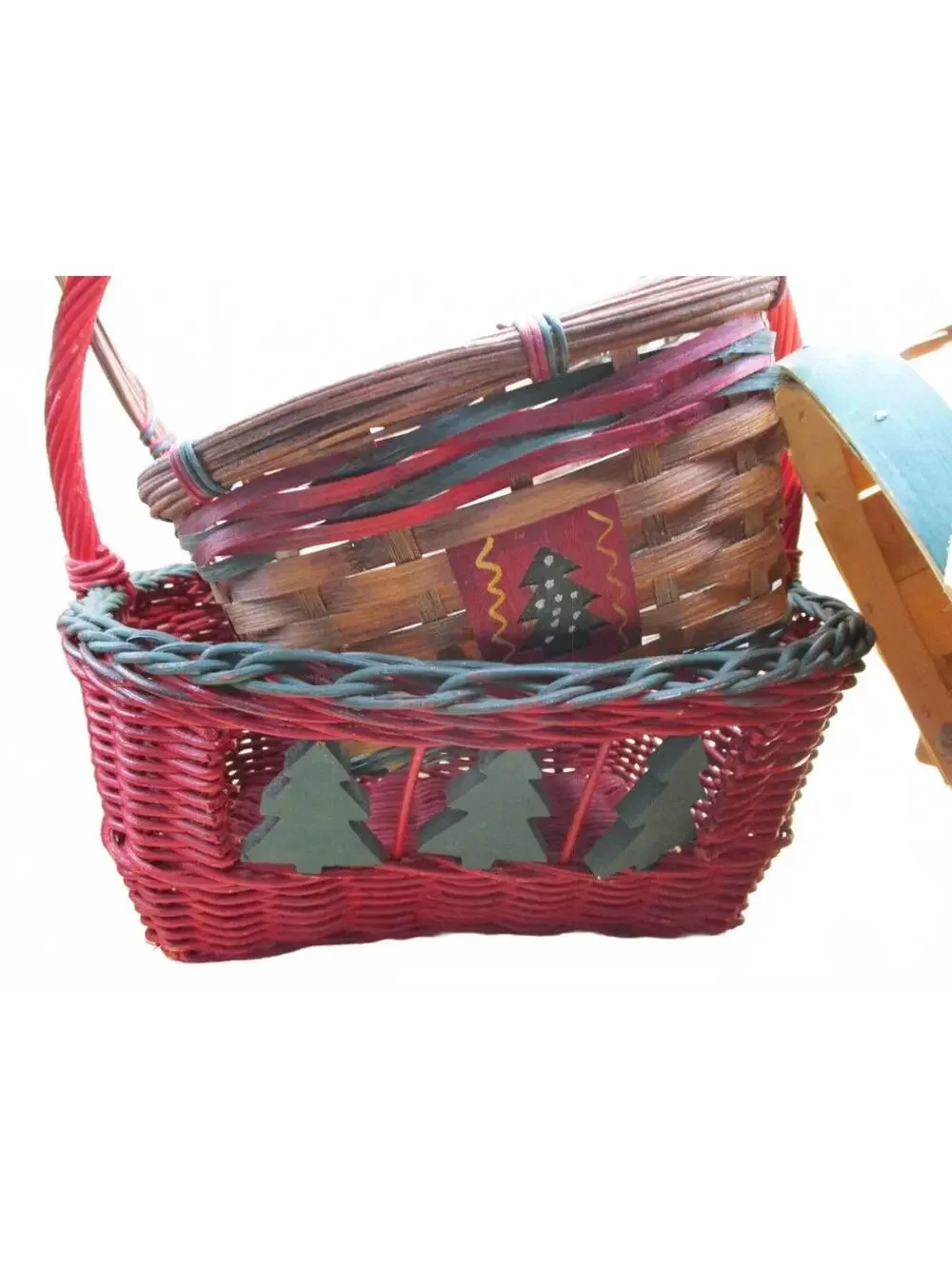 Wholesale Lot 3pc Christmas Holiday Basket Set Snowman Tree Woven Wooden Slatt